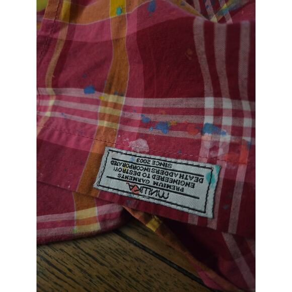 Mishka Mnwka Large Long Sleeve Button Up Pink Plaid Paint Splatters - Picture 5 of 5